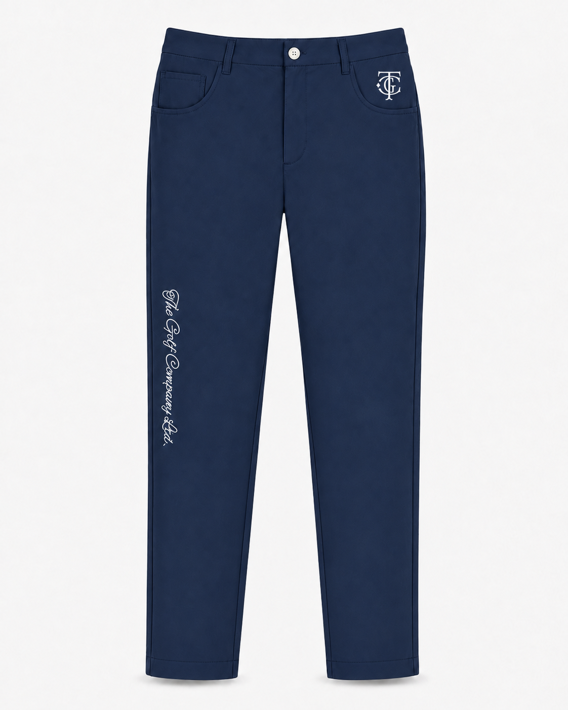 A pair of navy blue slim-fit jeans with white embroidered details, including a 'TGC' monogram on the right pocket and 'The Golf Company, Ltd.' script on the left leg, shown against a plain white background.