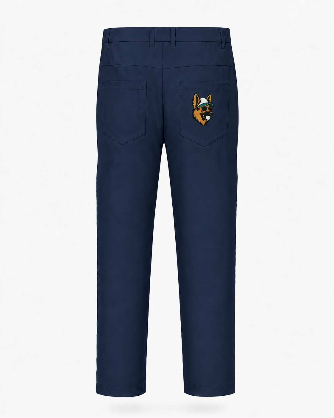 A pair of navy blue trousers shown from the back, featuring a small embroidered dog patch on the right pocket with a green hat and orange details.