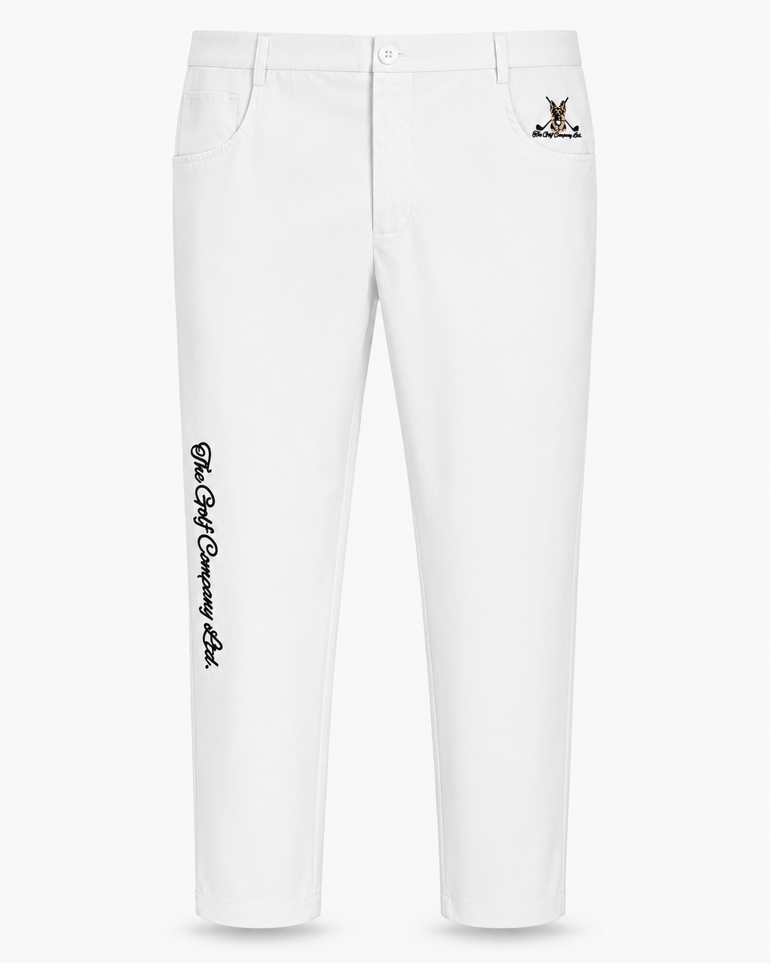 White pants with a brand logo on a white background
