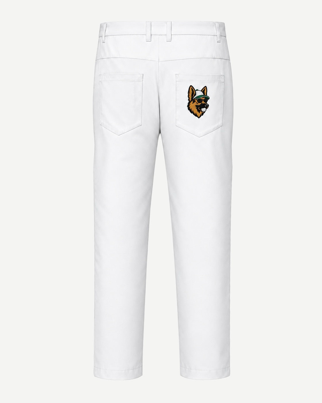 White cropped pants shown from the back, featuring a small embroidered dog graphic on the right pocket, set against a light gray background.