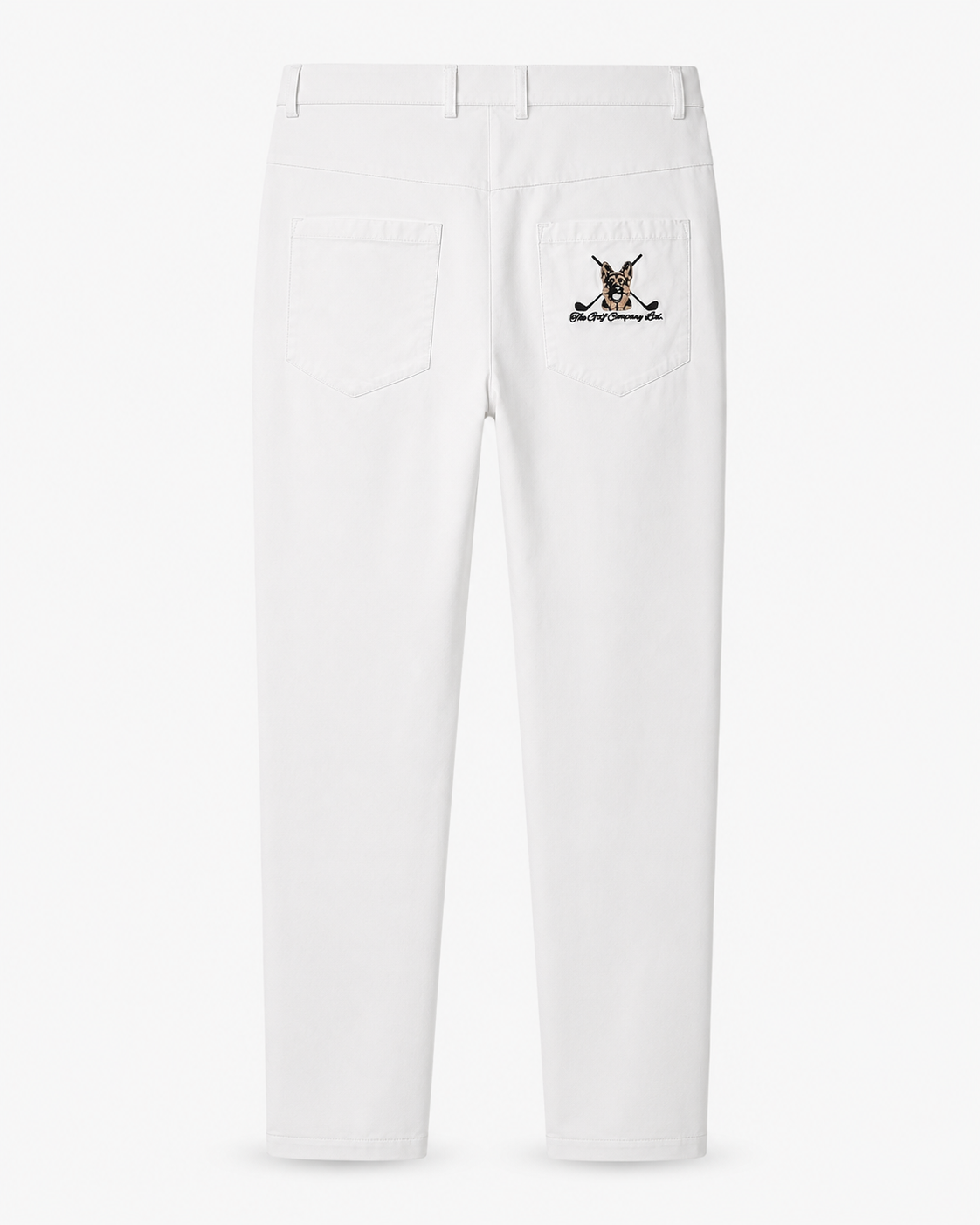 White pants with a small embroidered logo on a white background