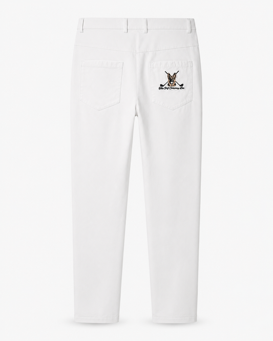 White pants with a small embroidered logo on a white background
