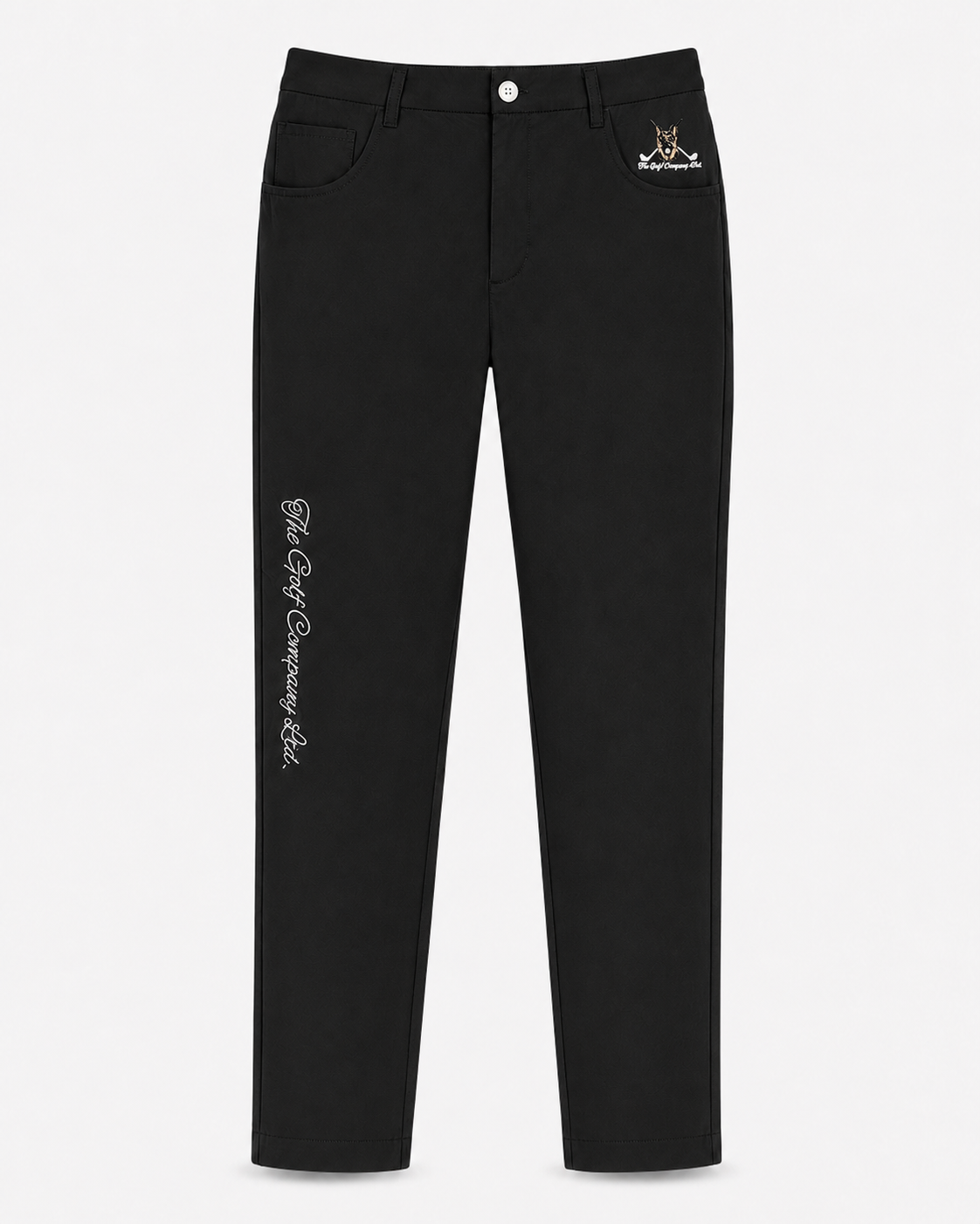 Black pants with white text and logo on a white background