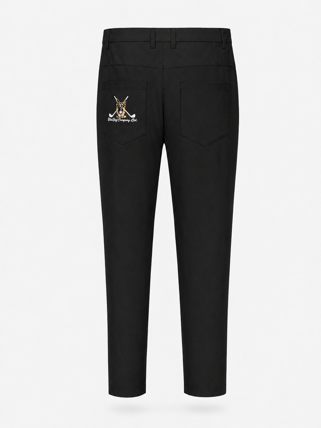 Black pants with a logo on the pocket against a white background