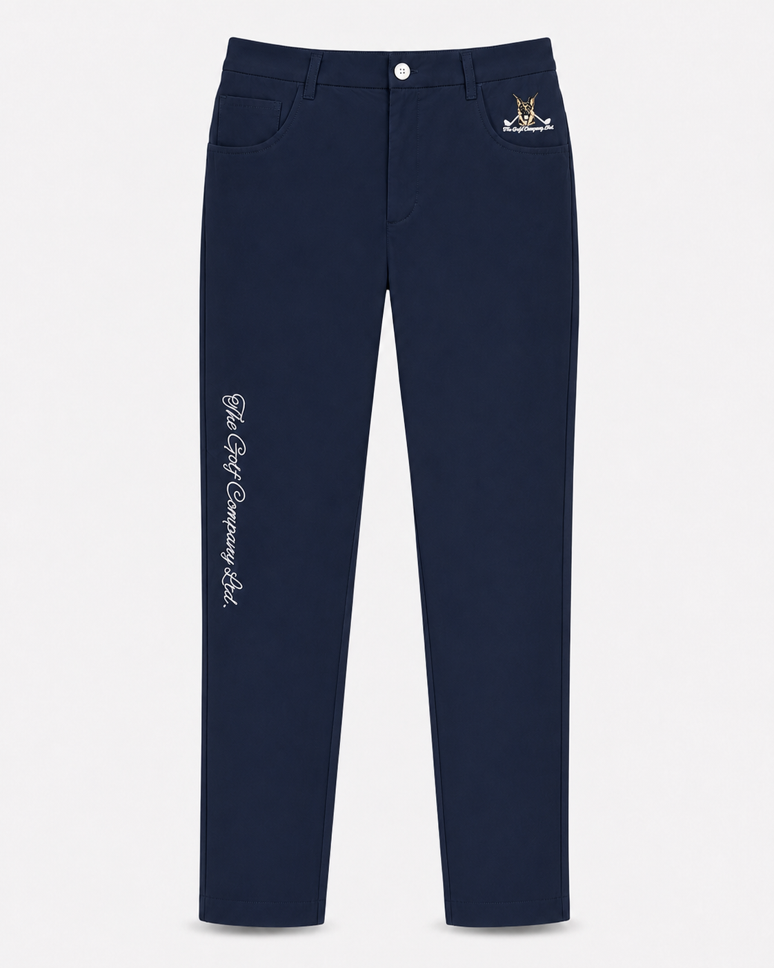 Navy blue pants with white text and logo on a light gray background
