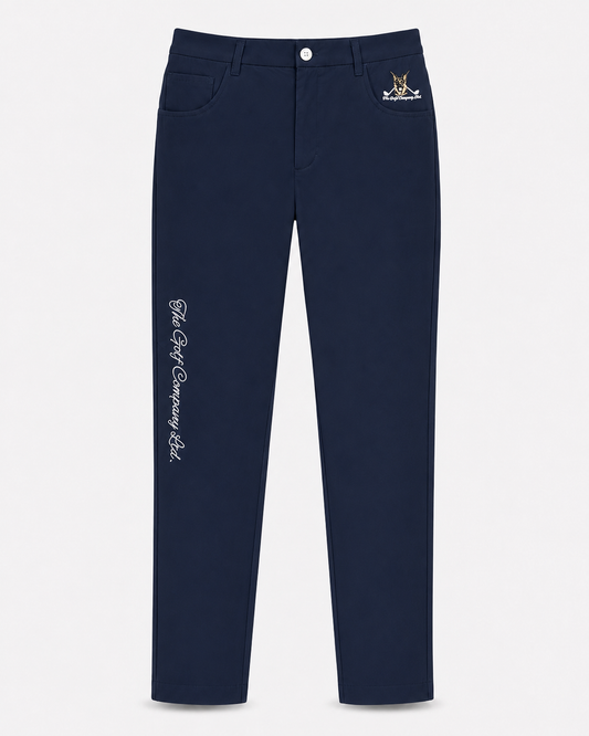 Navy blue pants with white text and logo on a light gray background