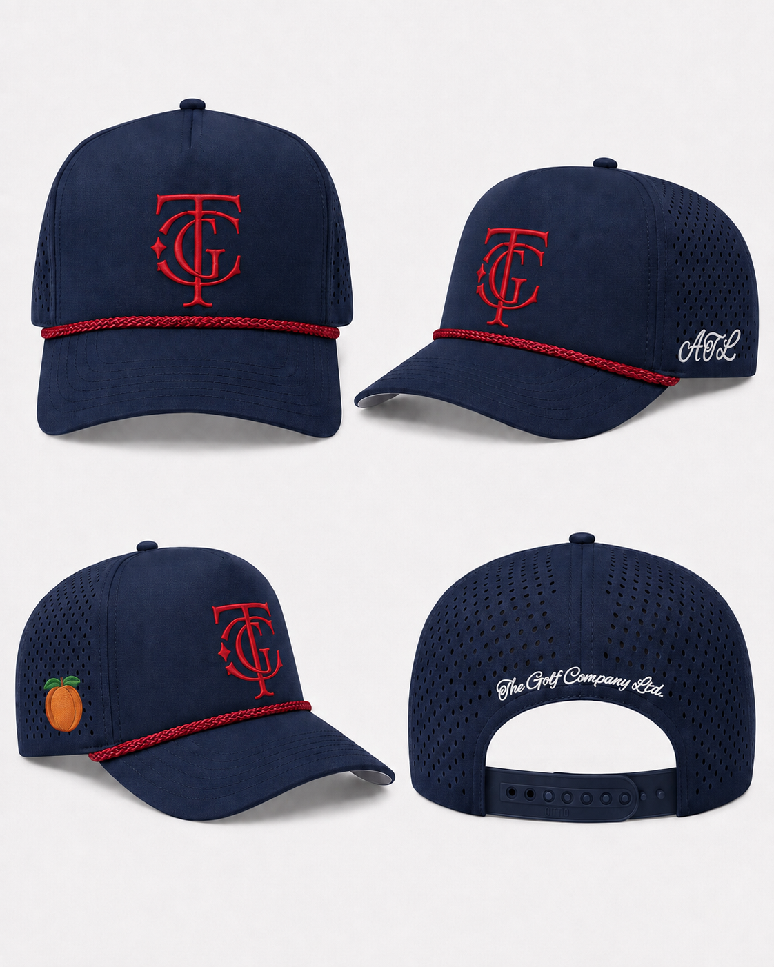 A navy blue baseball cap shown from four angles on a light gray background. The cap features a red embroidered monogram logo on the front, a red braided stripe across the front, white script embroidery on the side and back, and a small orange embroidered detail on the side panel.