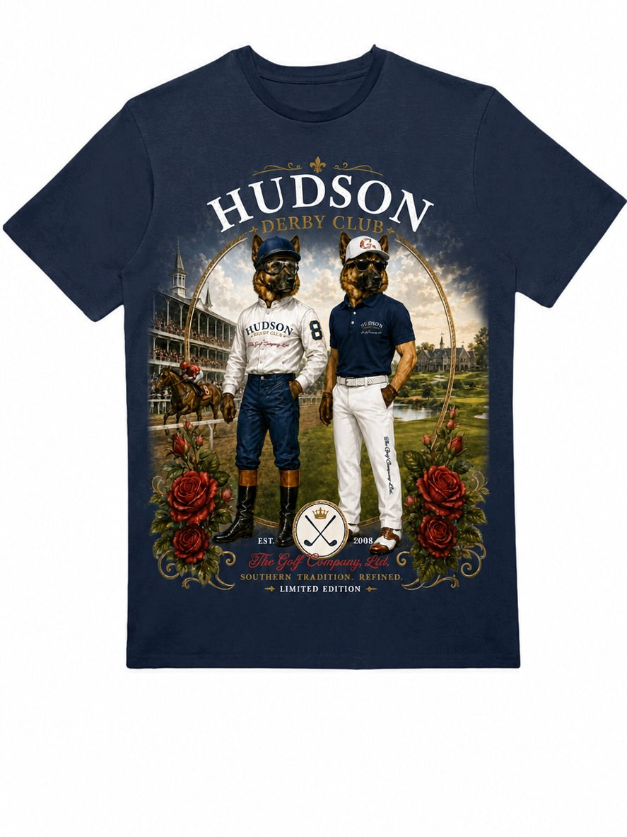 Hudson Derby Club graphic tee navy colorway concept with front artwork by The Golf Company Ltd.