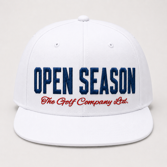 White cap with 'Open Season The Golf Company Ltd.' text on a light gray background