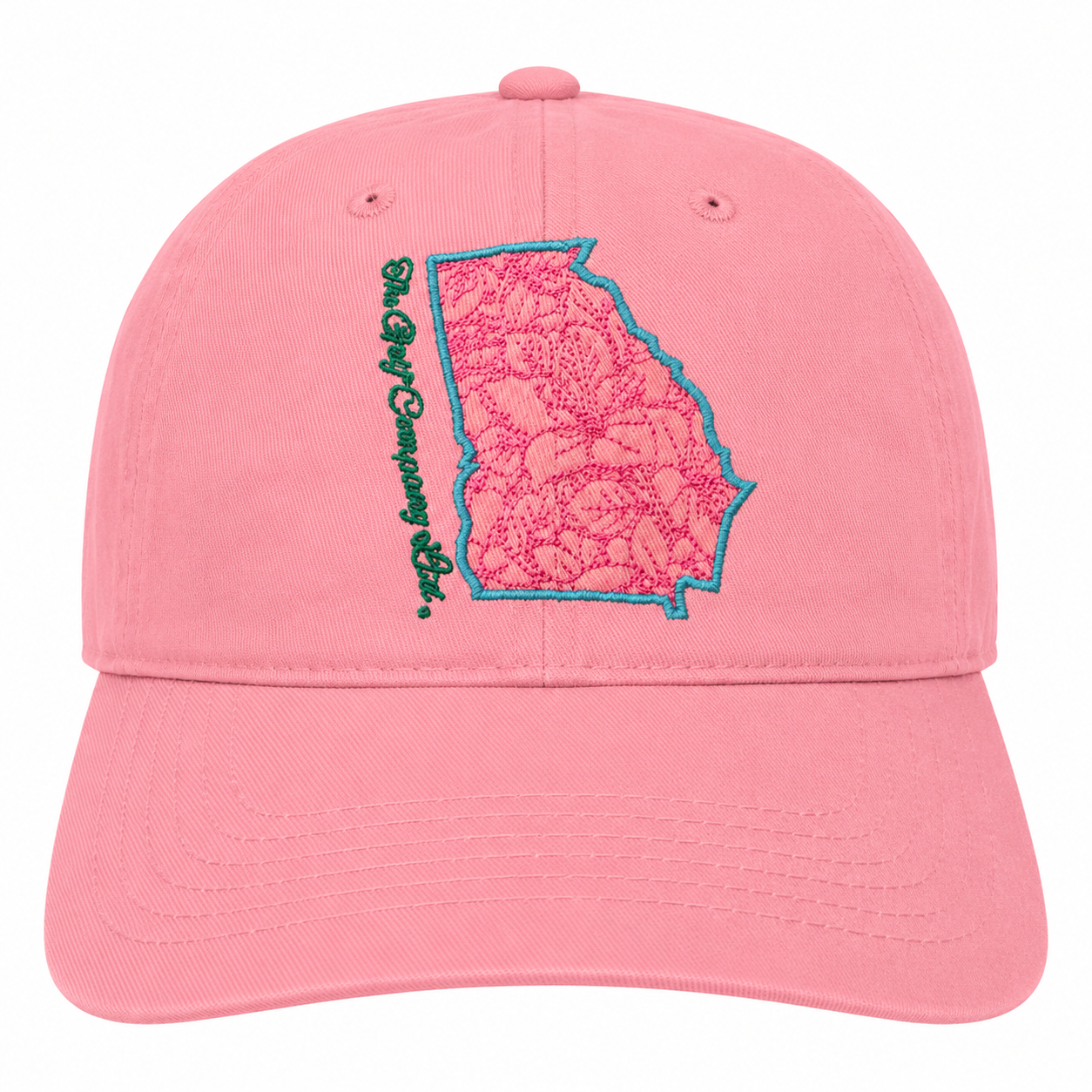 Pink cap with a map design and text on a white background