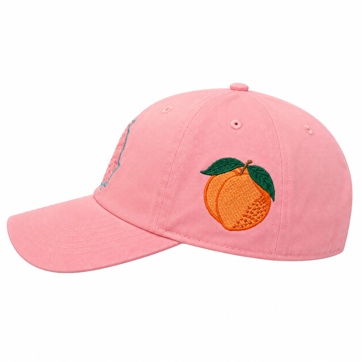 Pink cap with embroidered peaches on a white background
