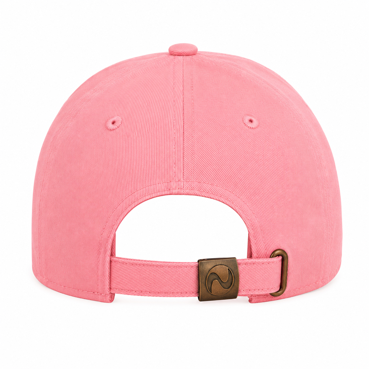 Pink cap with a brown adjustable strap on a white background
