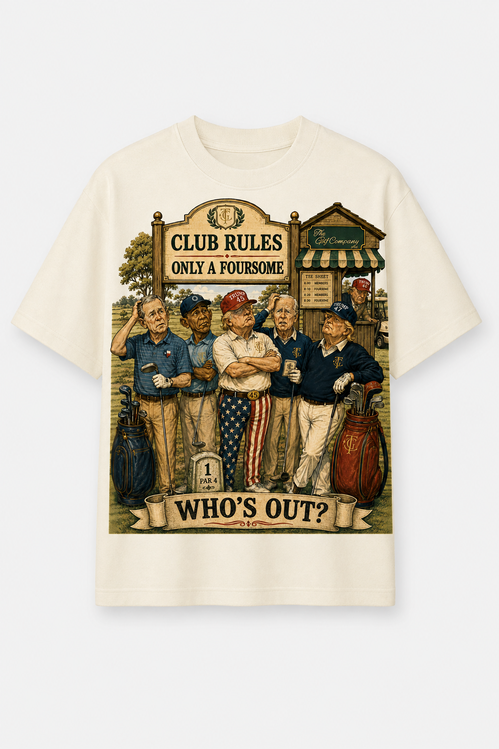 Front product view of the Presidential Foursome Club Rules Tee in heritage cream, featuring the vintage golf clubhouse “Only a Foursome — Who’s Out?” design.