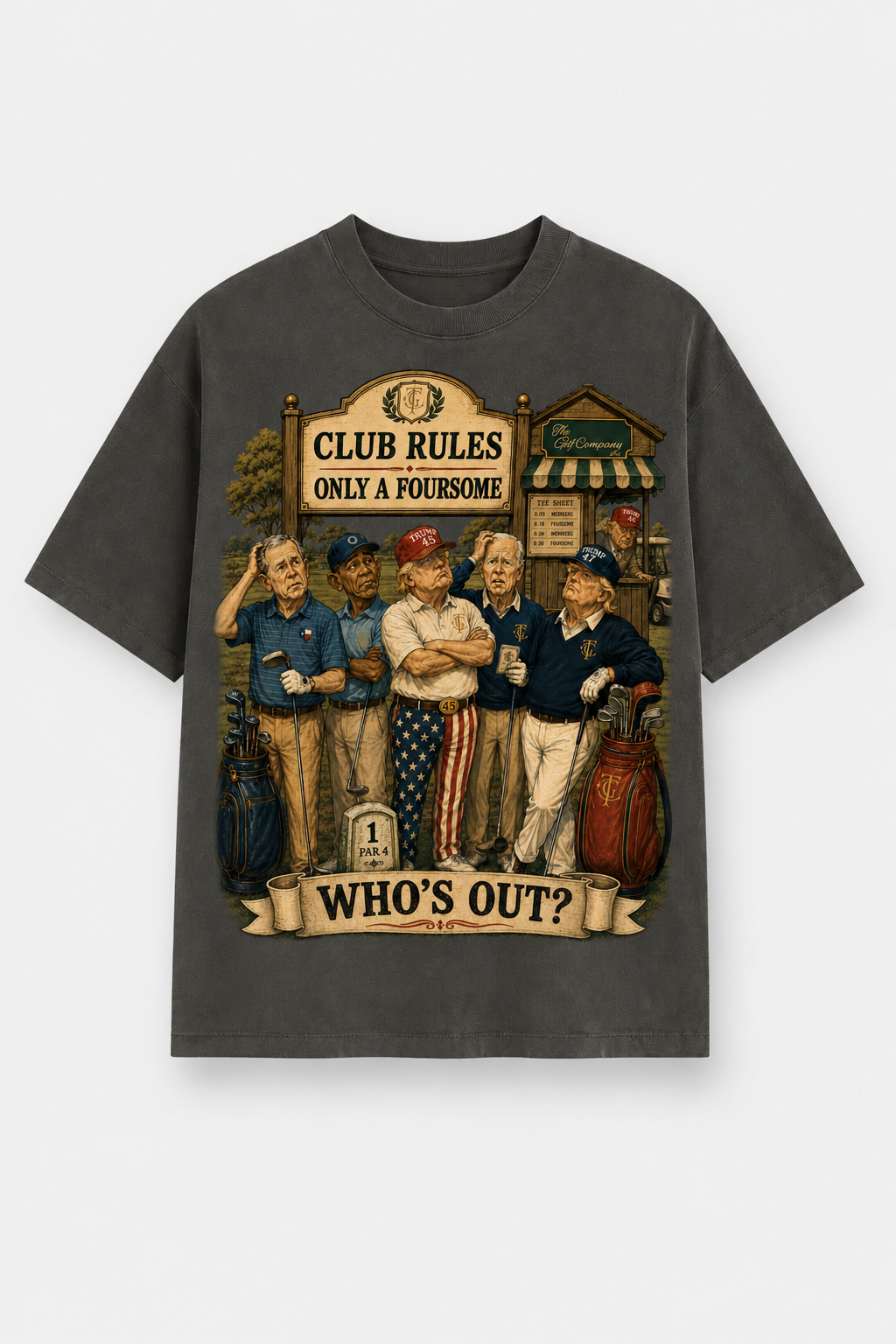 Front product view of the Presidential Foursome Club Rules Tee in vintage charcoal gray, featuring the full clubhouse-style golf satire artwork.