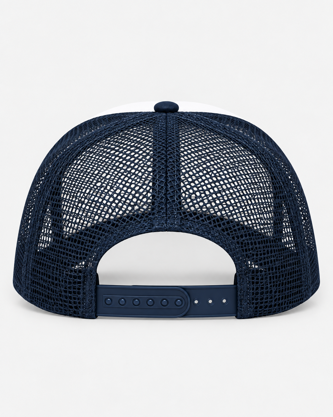 Rear view of the Skins Match! trucker hat showing navy mesh and adjustable snapback closure.