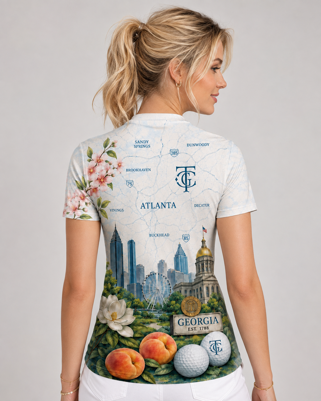 Rear view of female model wearing the ATL Metro Map All-Over Standard Fit Tee with Atlanta metro map and TGC artwork.