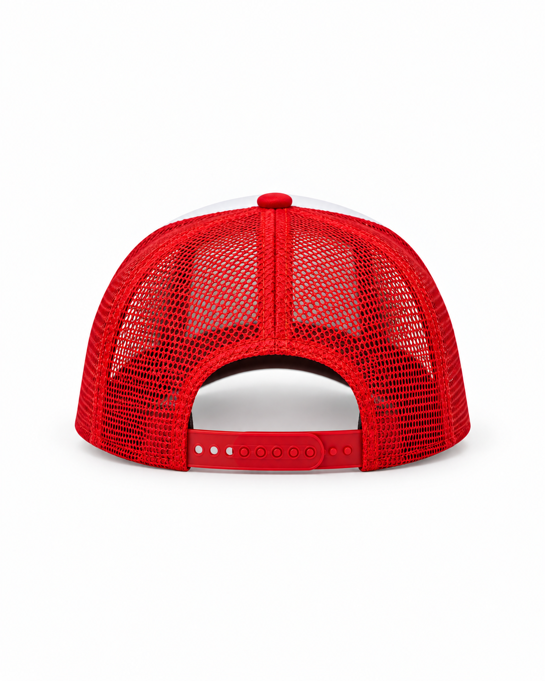 Rear view of red SKINS MATCH trucker hat with mesh panels and adjustable snapback closure.