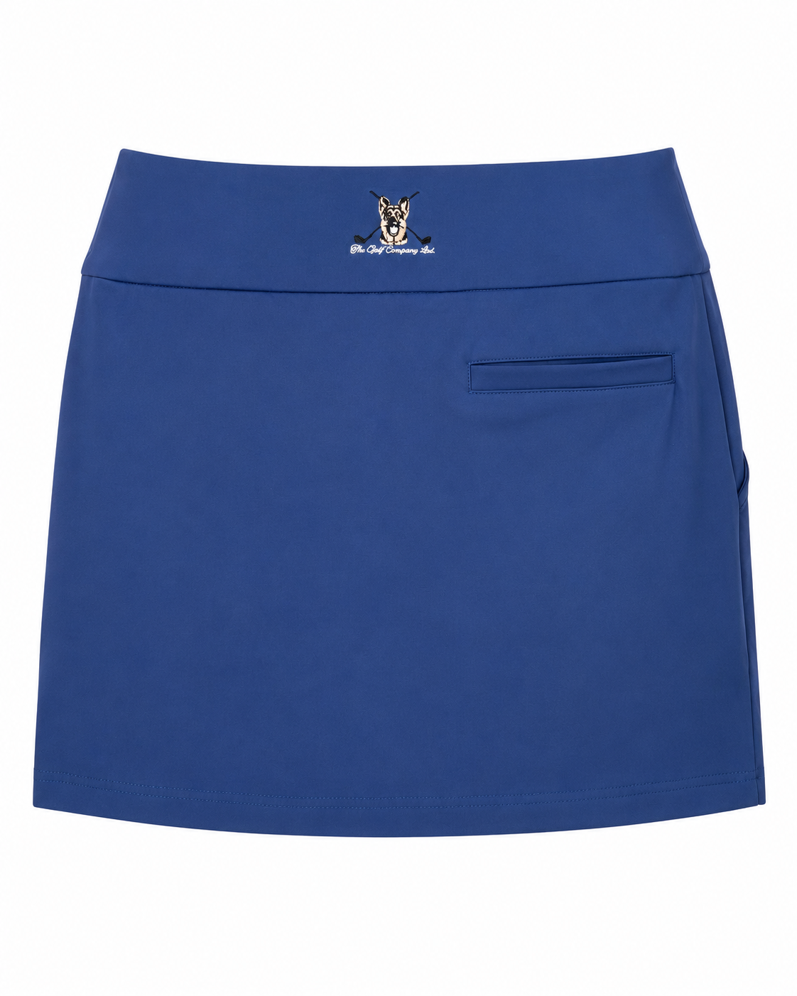 Women’s royal blue performance golf skort rear view with rear pocket, zipper, and waistband logo embroidery.