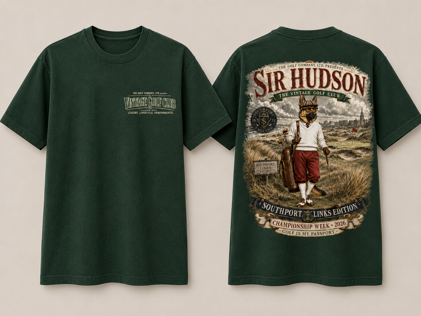 Front and back views of a dark green short-sleeve t-shirt. The front features a small light green graphic on the left chest, while the back displays a large, detailed vintage-style graphic of a character in historical attire with the text 'Sir Hudson' and 'The Vintage Golf Era'.