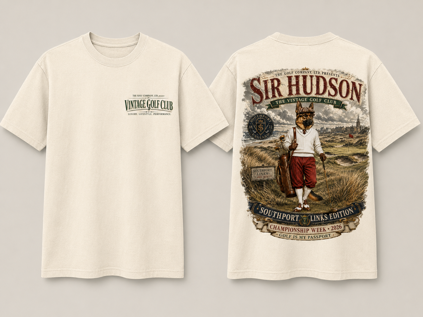An off-white short-sleeve t-shirt shown from both the front and back. The front features a small black graphic on the left chest reading 'VINTAGE GOLF CLUB'.