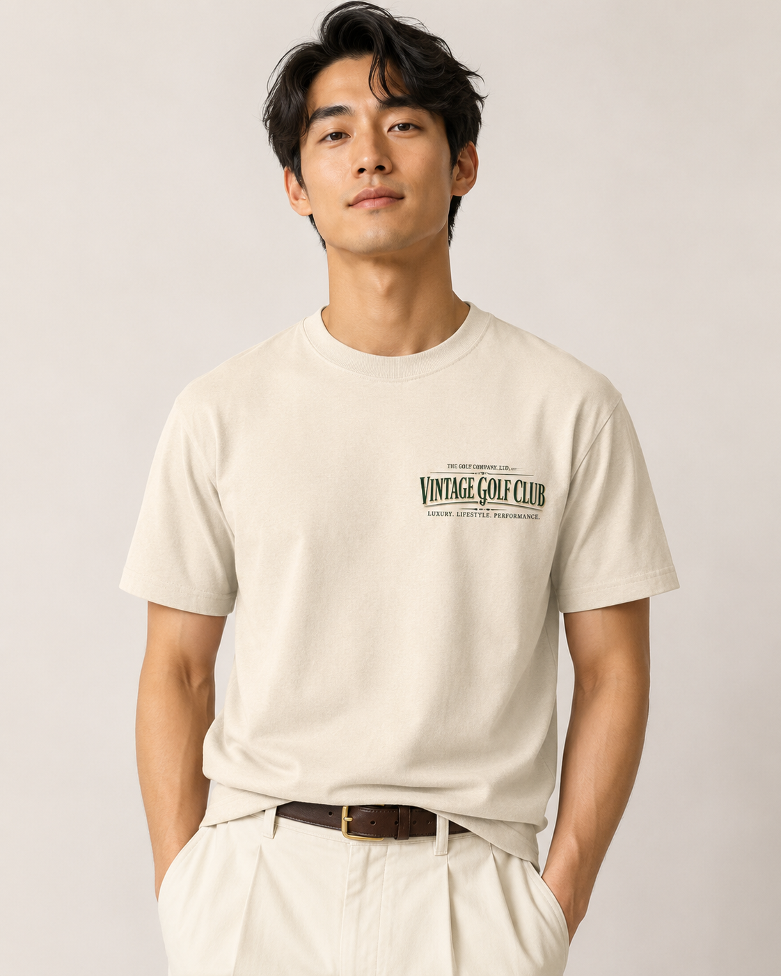 Vintage beige Sir Hudson Southport Links Edition tee with Vintage Golf Club chest logo on male model.