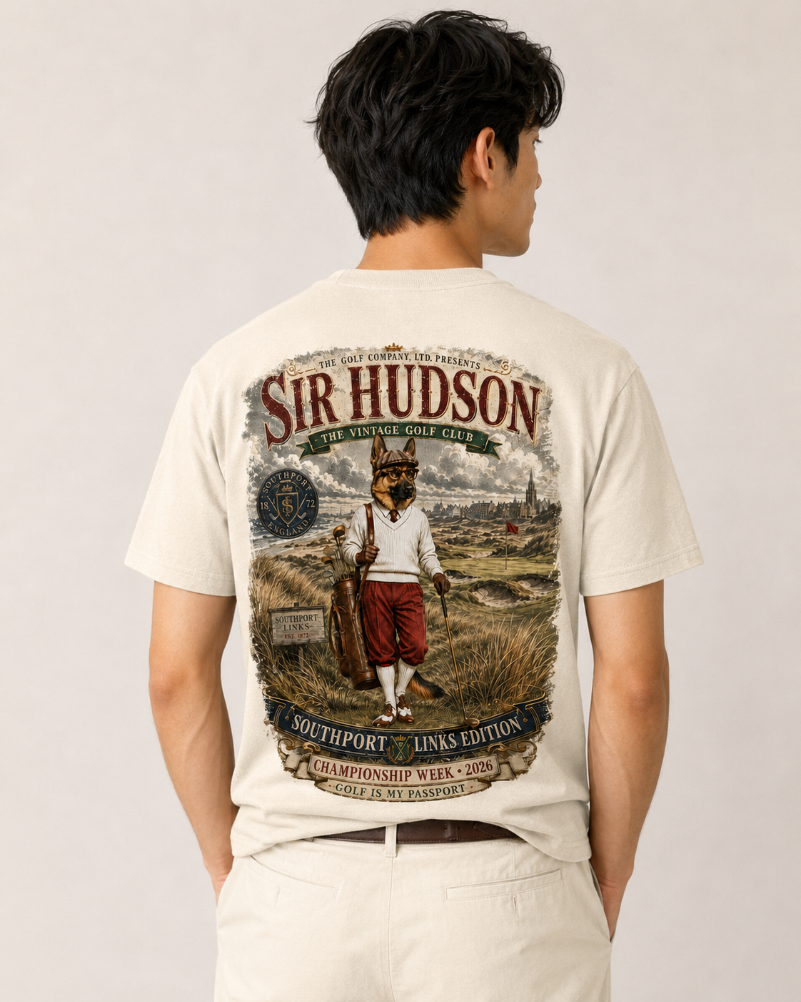 Vintage beige Sir Hudson Southport Links Edition tee with large vintage golf back graphic featuring Sir Hudson on a links course.