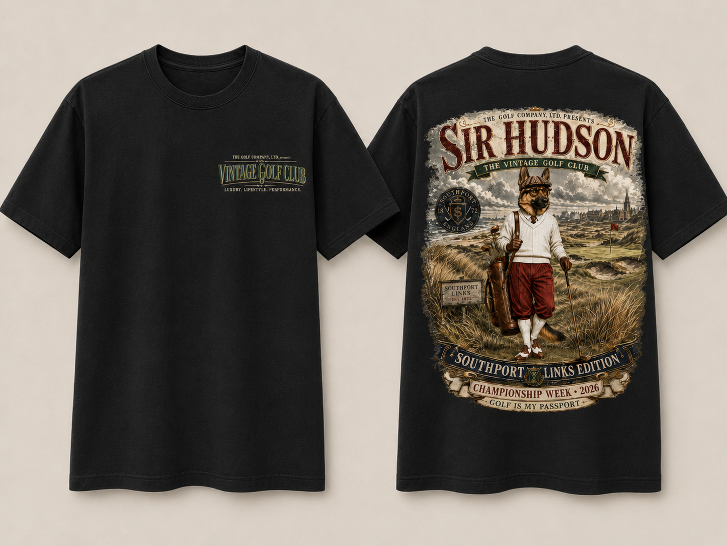 Black short-sleeve T-shirt shown from both front and back on a light beige background. The front has a small green and white chest print reading 'Vintage Golf Club'.