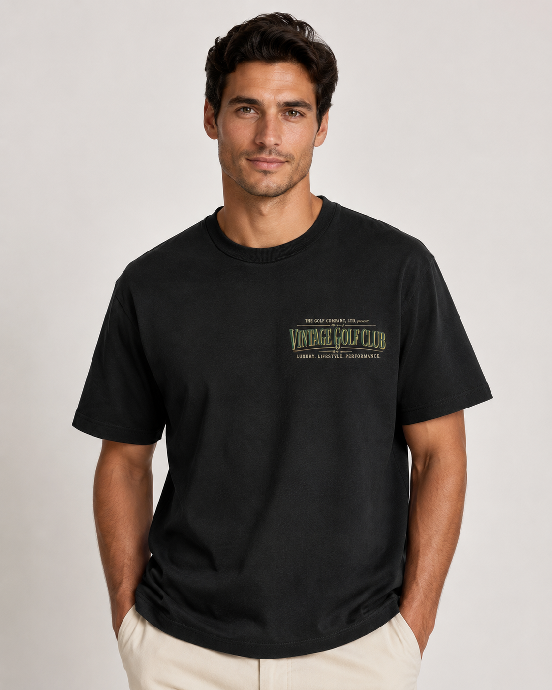 Black Sir Hudson Southport Links Edition tee with Vintage Golf Club chest logo on male model.