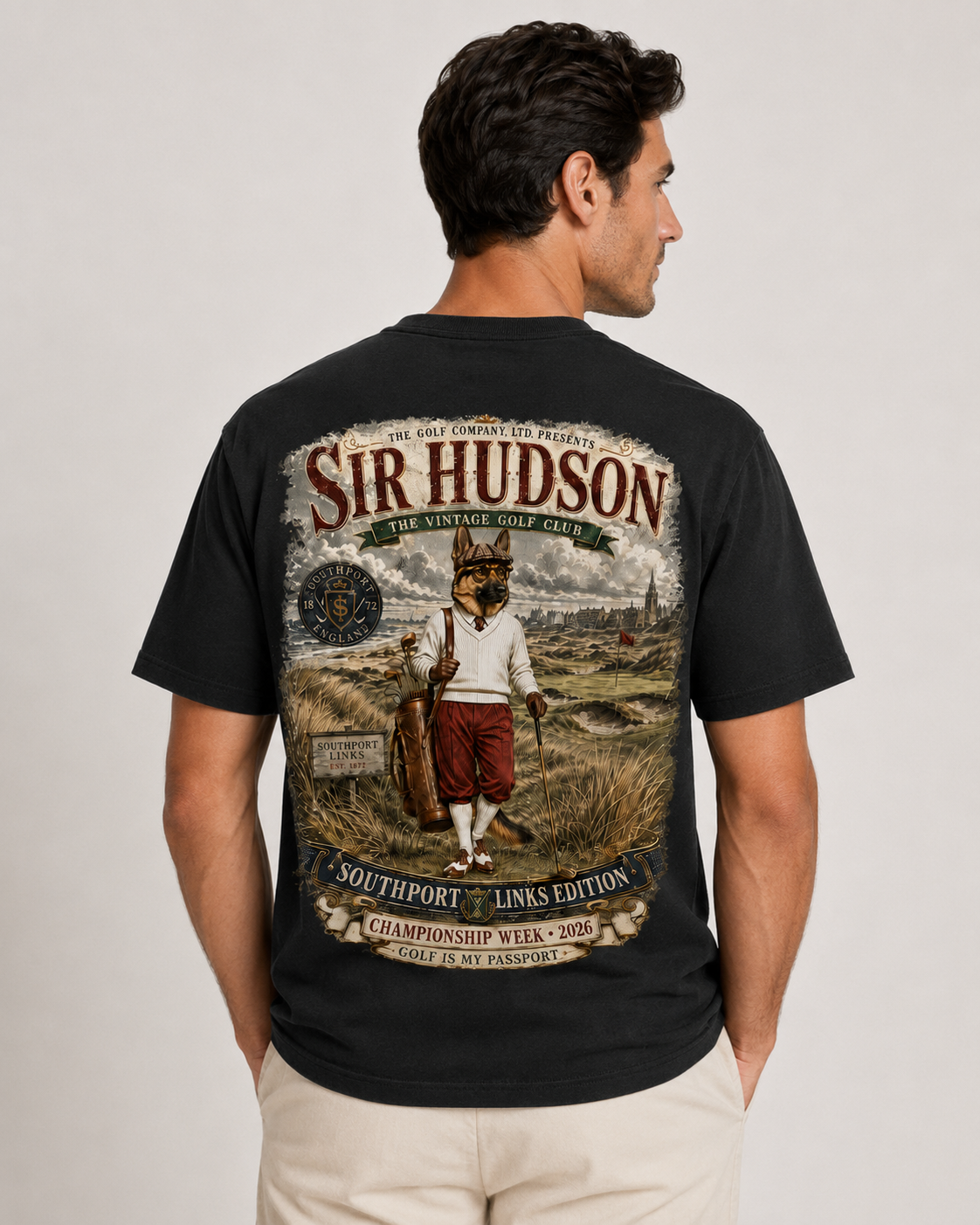 Black Sir Hudson Southport Links Edition tee with large Sir Hudson vintage links golf artwork on the back.
