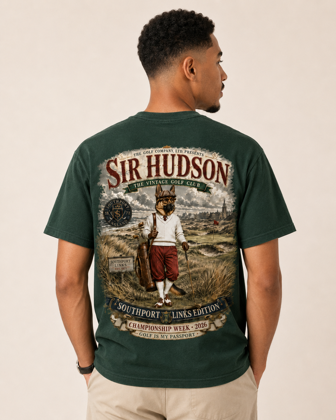 Forest green Sir Hudson Southport Links Edition tee with large Southport Links Sir Hudson golf graphic on the back.