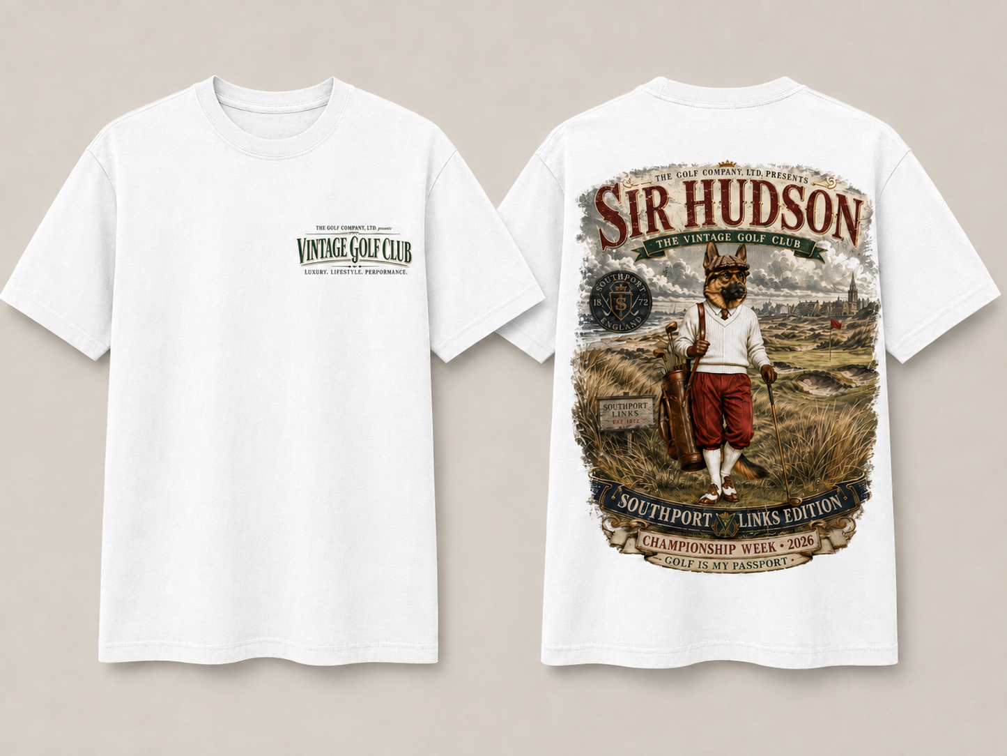 White short-sleeve T-shirt shown from the front and back on a light beige background. The front has a small dark green 'Vintage Golf Club' print on the left chest.