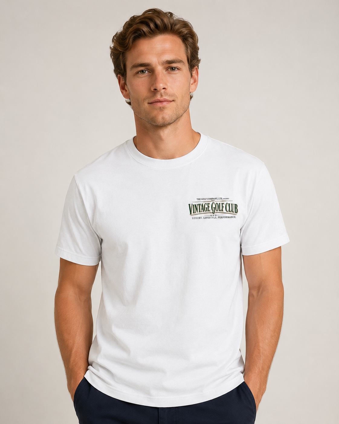 White Sir Hudson Southport Links Edition tee with Vintage Golf Club chest logo on male model.