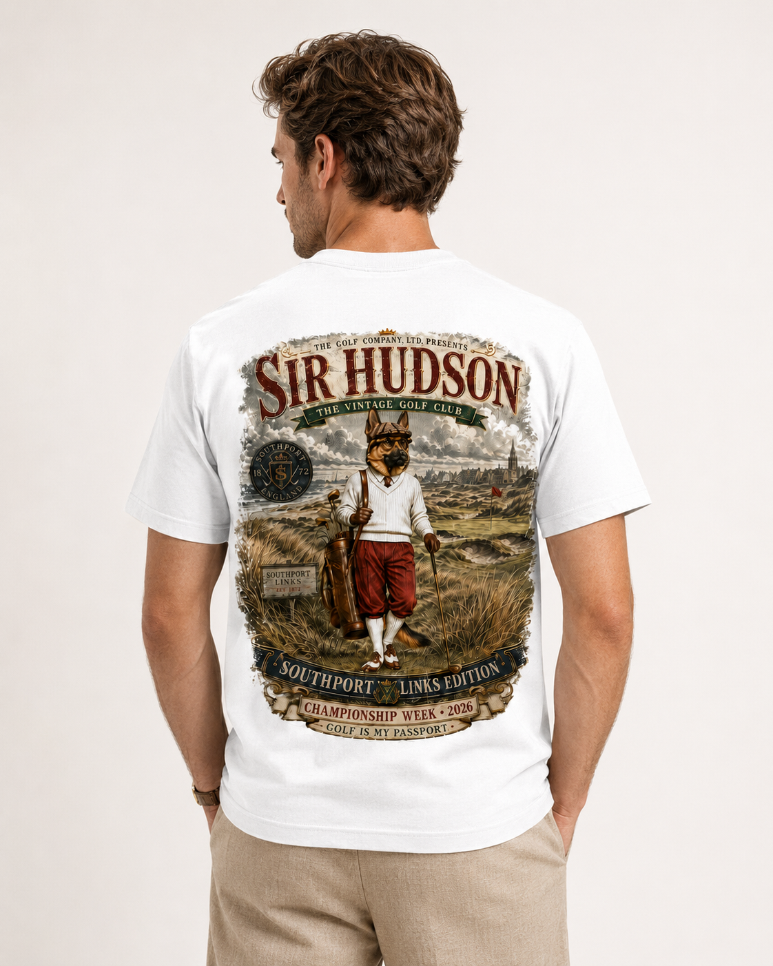 White Sir Hudson Southport Links Edition tee with large Sir Hudson Southport Links Edition back graphic.