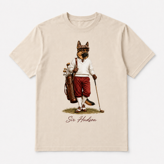 Vintage beige Sir Hudson Signature Tee with illustrated golfer dog character and Sir Hudson script front graphic.