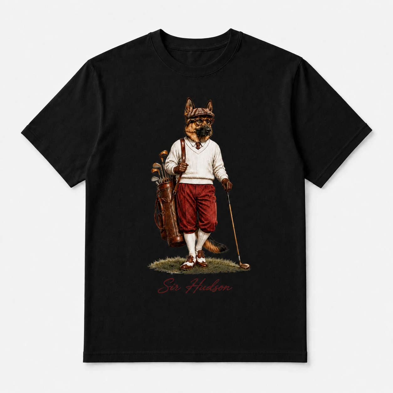 Black Sir Hudson Signature Tee featuring Sir Hudson vintage golfer character front graphic.