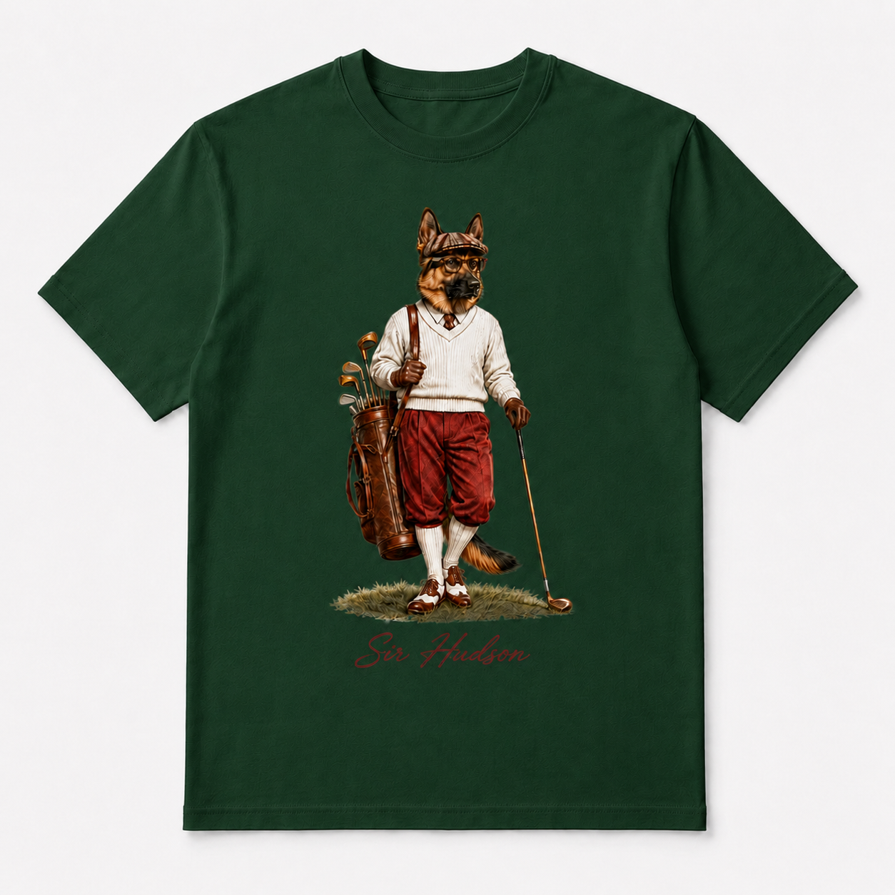Forest green Sir Hudson Signature Tee with Sir Hudson golfer character artwork centered on the front.