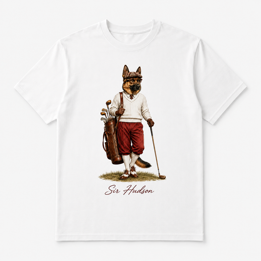White Sir Hudson Signature Tee with vintage golfer dog artwork and Sir Hudson script centered on the front.