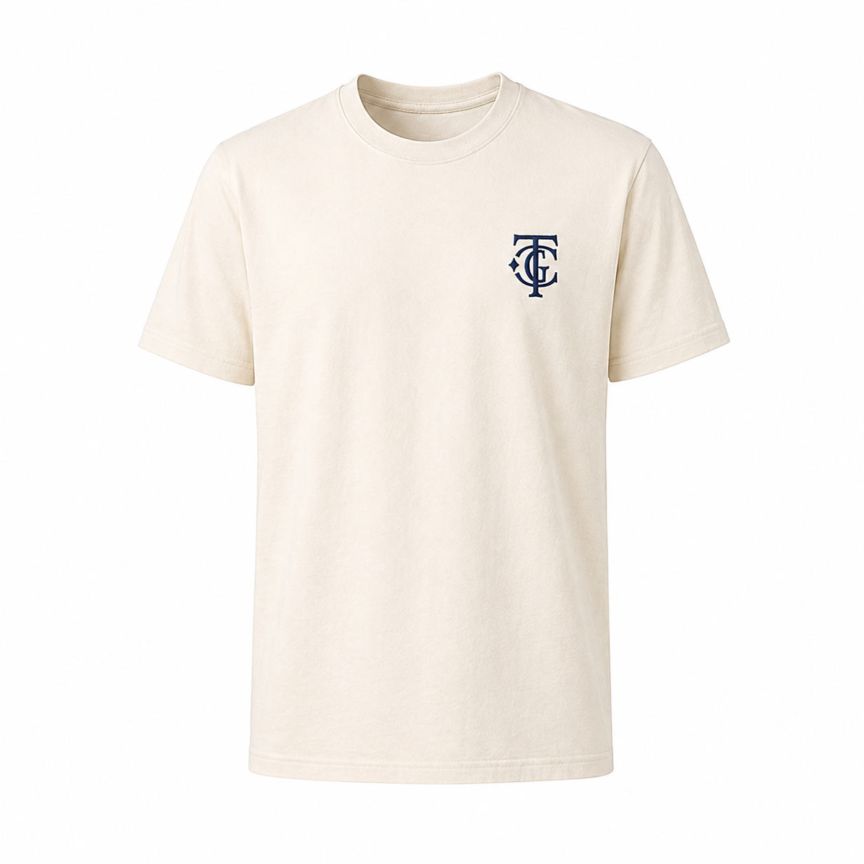 Cream TGC Essentials Embroidered Monogram Tee with navy TGC chest logo.