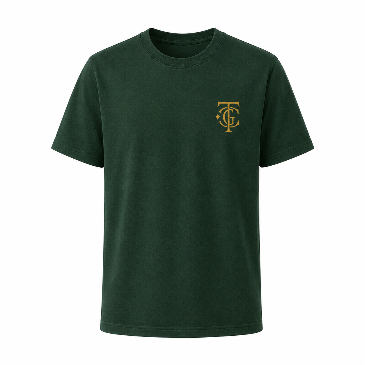 Forest green TGC Essentials Embroidered Monogram Tee with gold TGC chest logo.