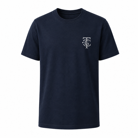 Navy TGC Essentials Embroidered Monogram Tee with white TGC chest logo.