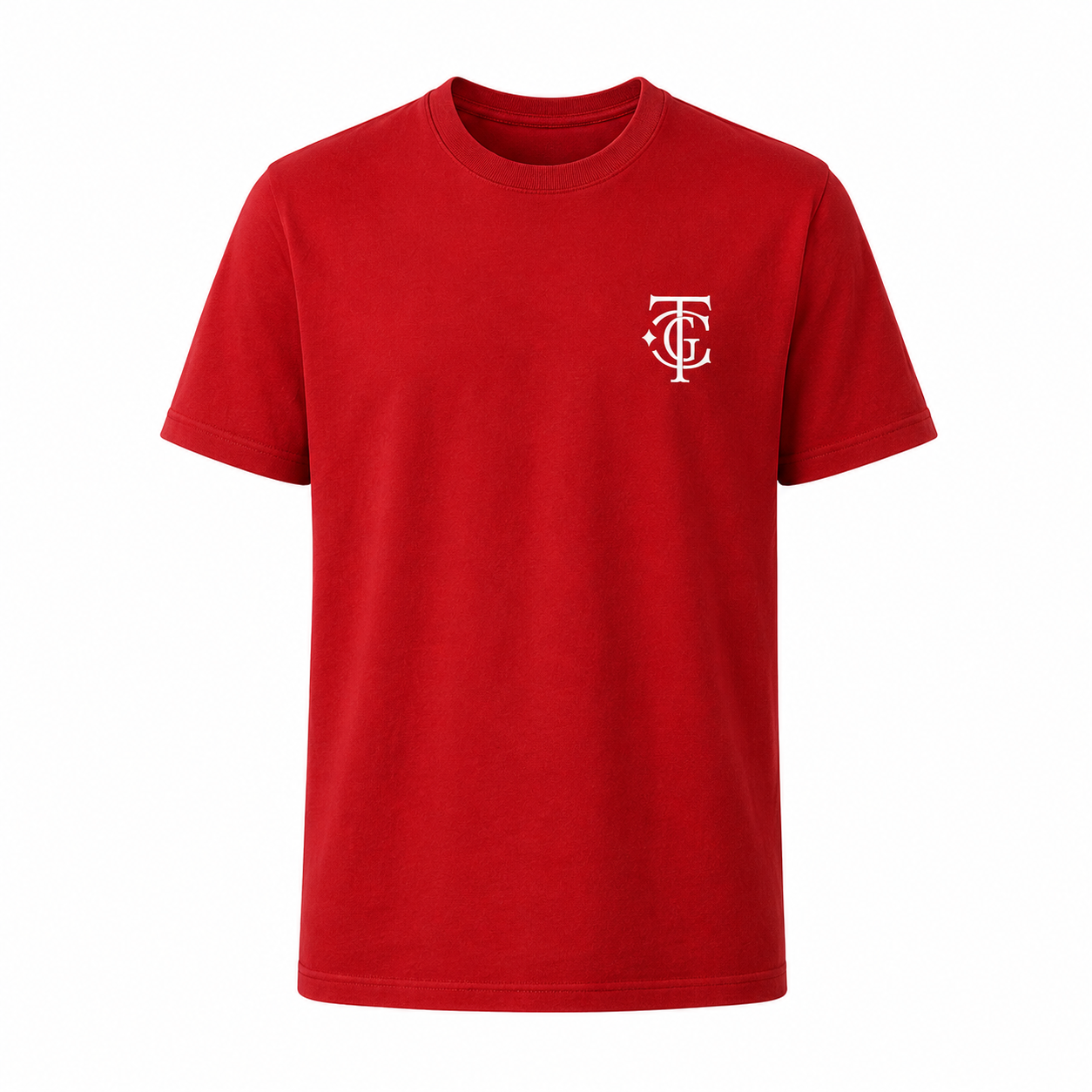Red TGC Essentials Embroidered Monogram Tee with white TGC chest logo.