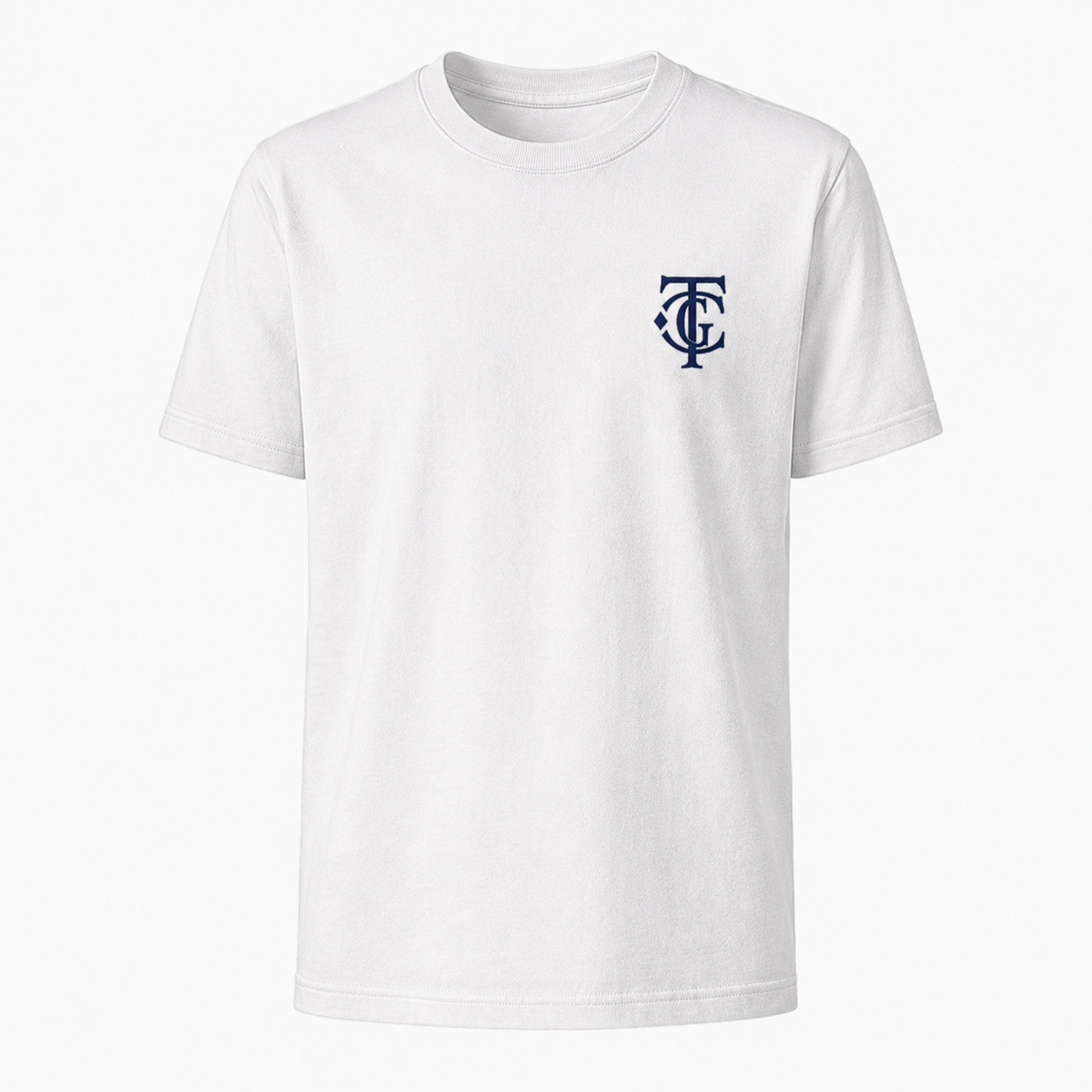 White TGC Essentials Embroidered Monogram Tee with navy TGC chest logo.