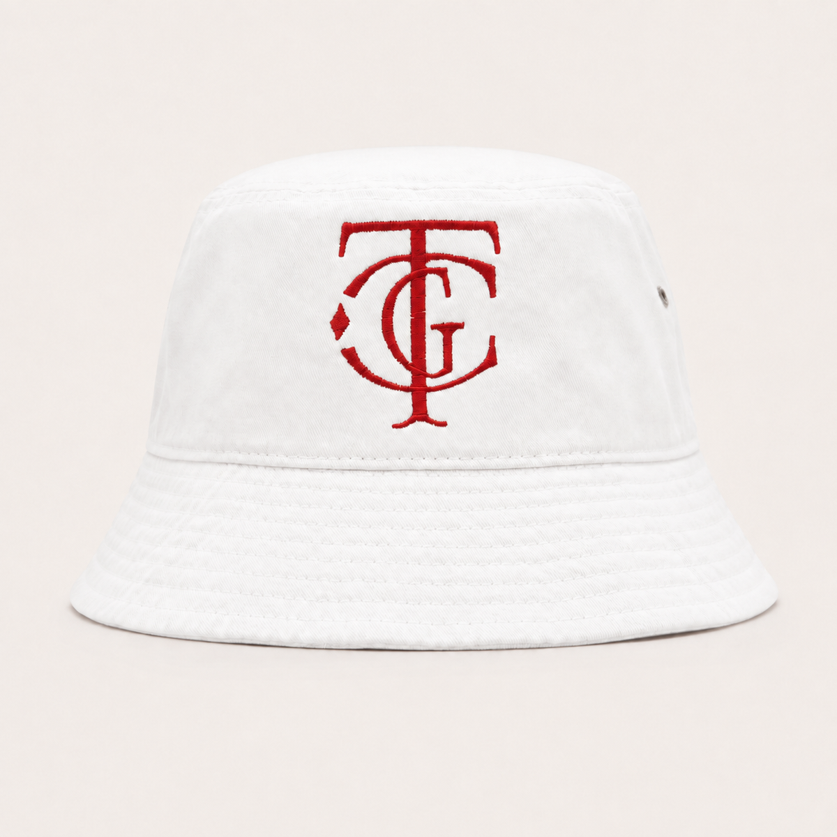 White stone-washed cotton bucket hat with red embroidered TGC monogram and gold-plated eyelets by The Golf Company Ltd.