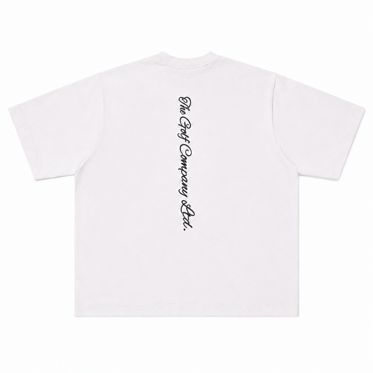 White heavyweight signature tee with vertical The Golf Company Ltd. script logo printed down the upper back.