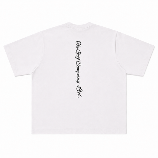 White heavyweight signature tee with vertical The Golf Company Ltd. script logo printed down the upper back.