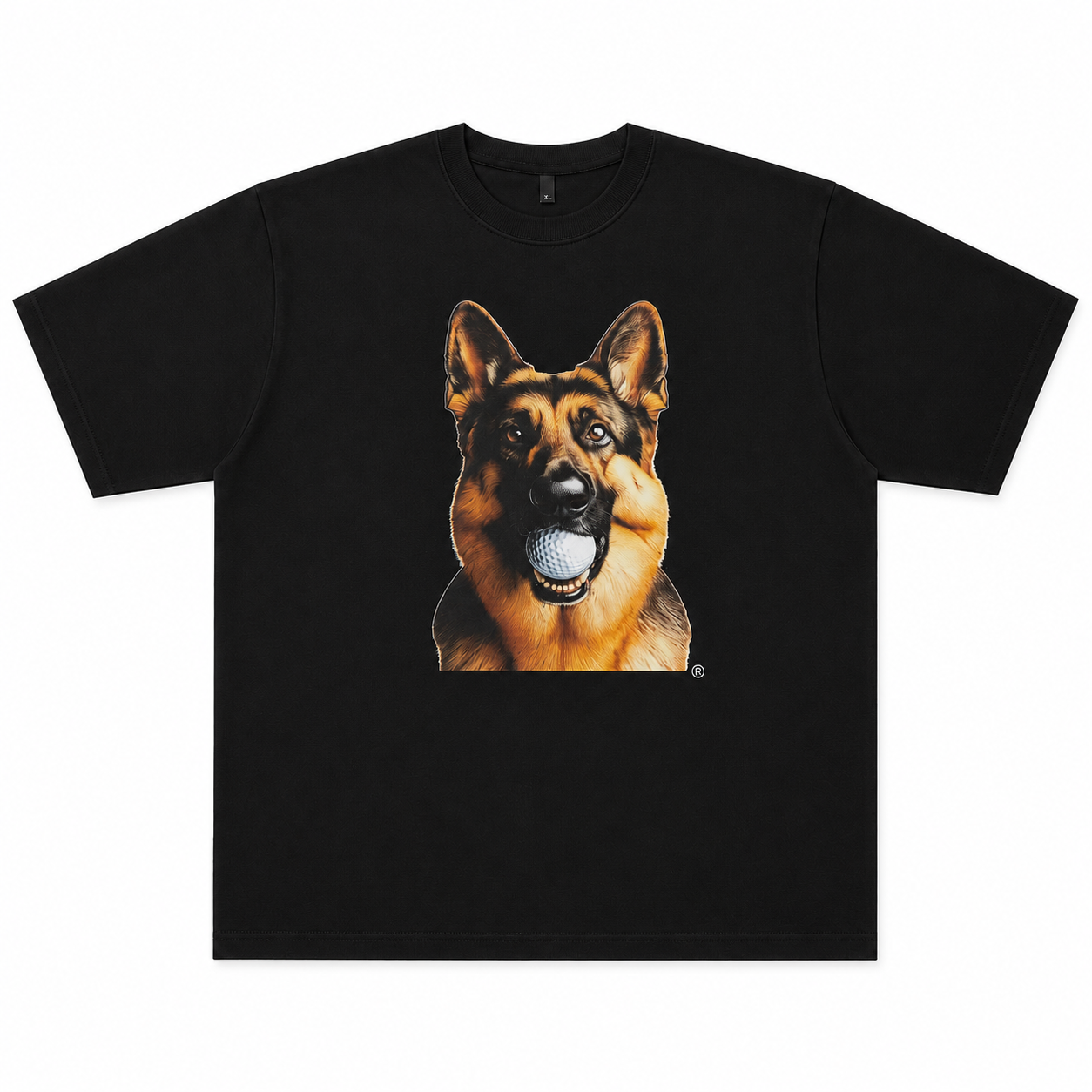 Black heavyweight signature tee with Hudson, the German Shepherd, holding a golf ball graphic on the front.