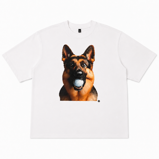 White heavyweight signature tee with Hudson, the German Shepherd, holding a golf ball graphic on the front.