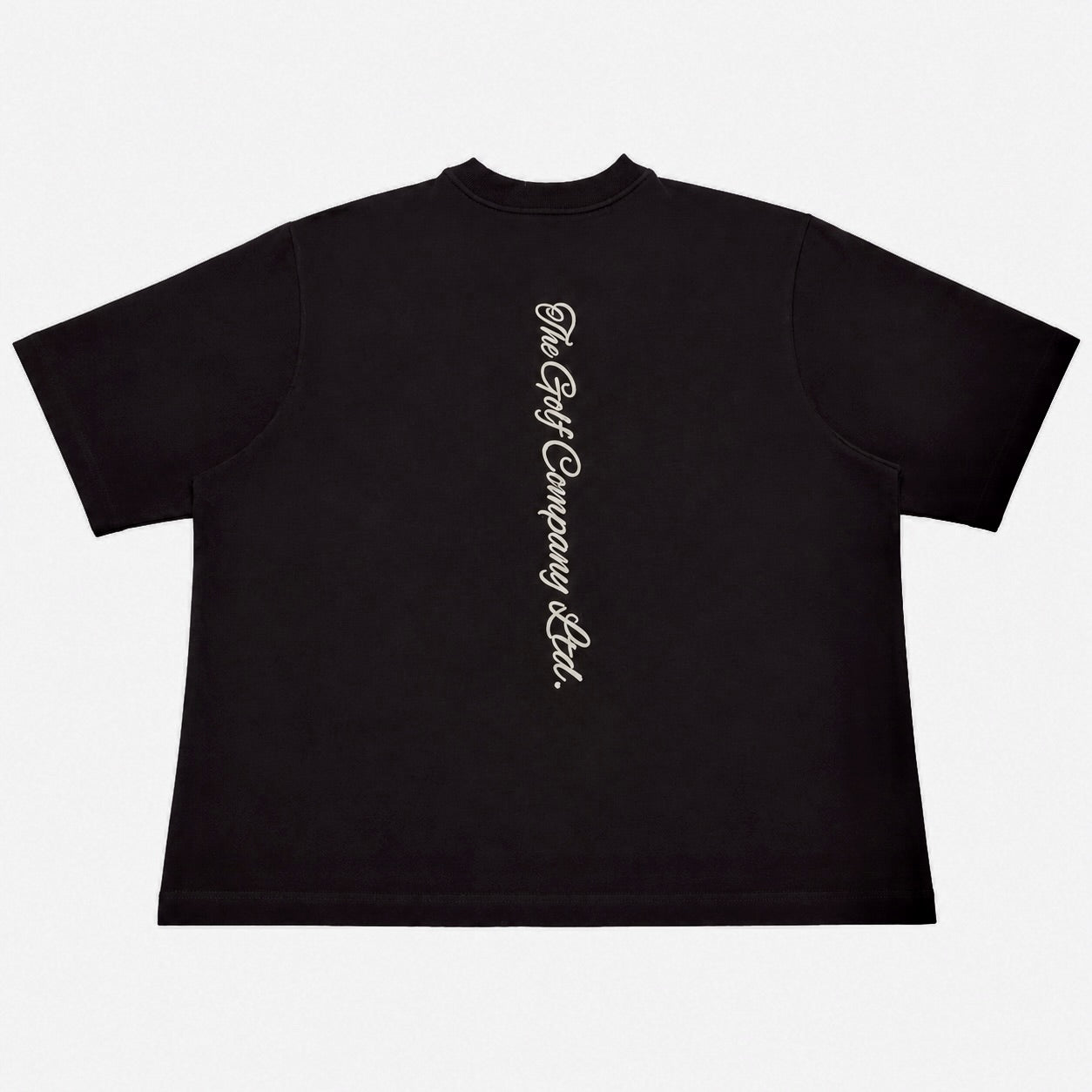 Black heavyweight signature tee with vertical The Golf Company Ltd. script logo printed down the upper back.