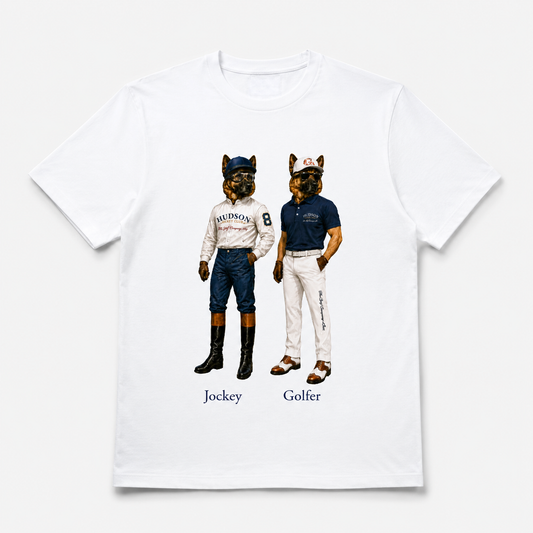 White t-shirt with illustrations of a jockey and golfer on a white background