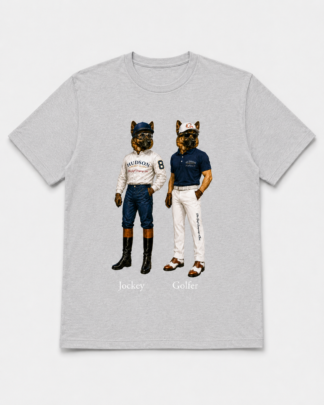 Gray t-shirt with graphic of two bears in polo shirts labeled 'Jockey' and 'Golfer' on a white background.